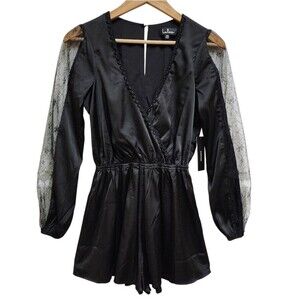 Lulus Romper Women Sz XS Black Satin Lace Long Slv Surplice Party Goth New
